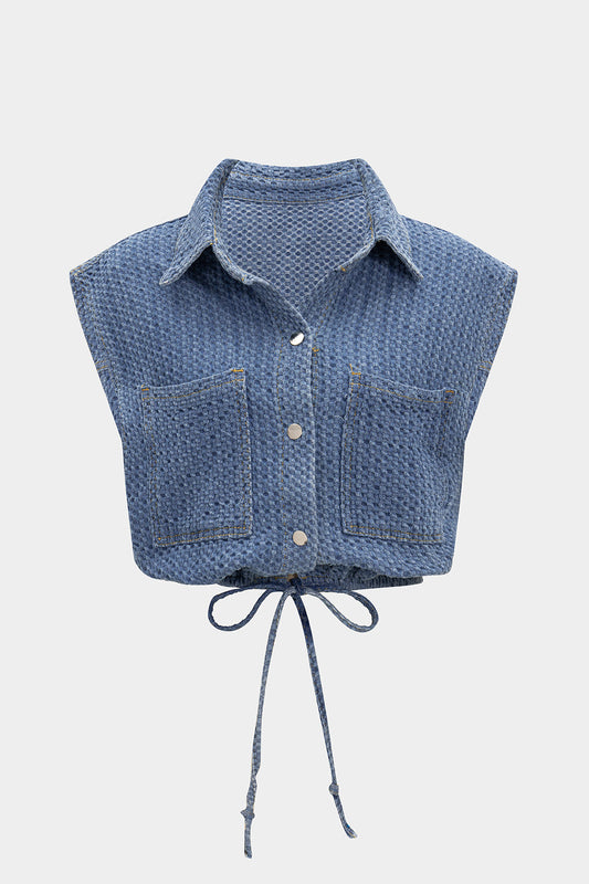 Denim Drawstring Button Vest