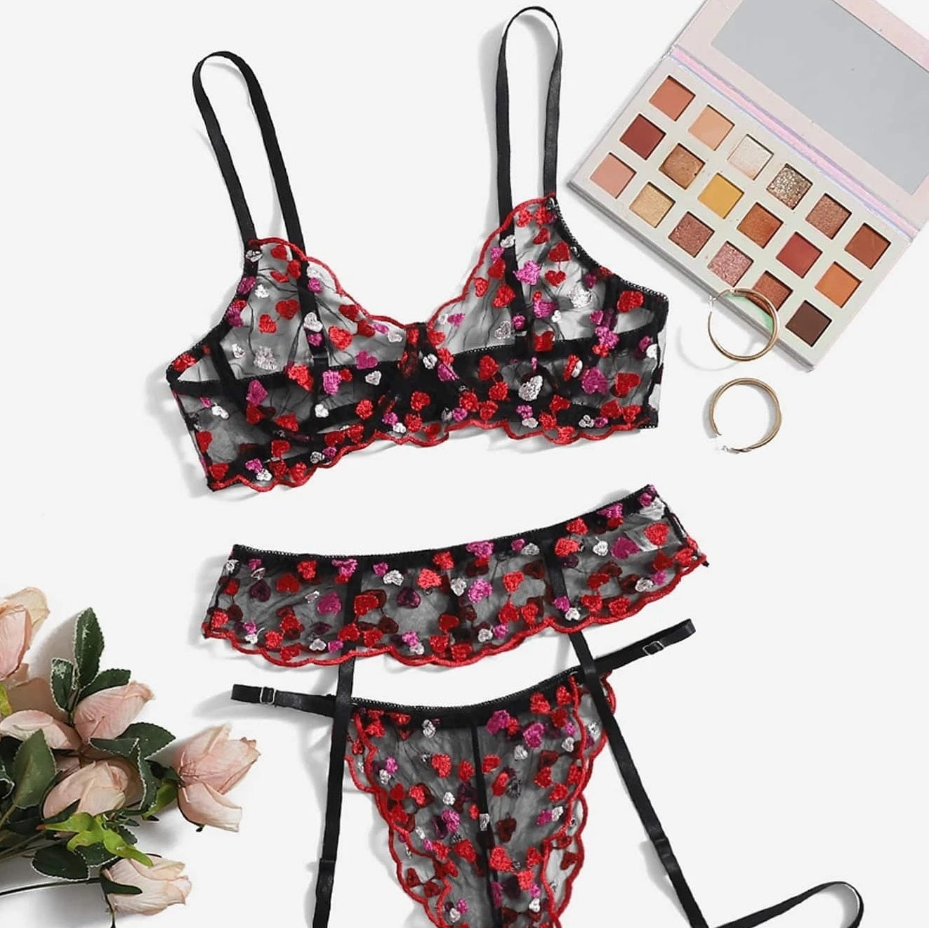 Romantic Heart Embroidery Lingerie Set - StylinArts