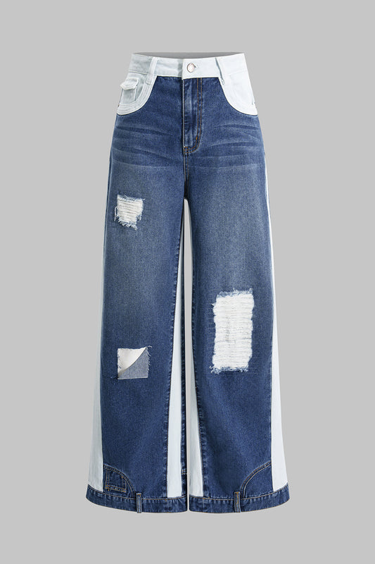 Denim Contrast Patchwork Ripped Jeans
