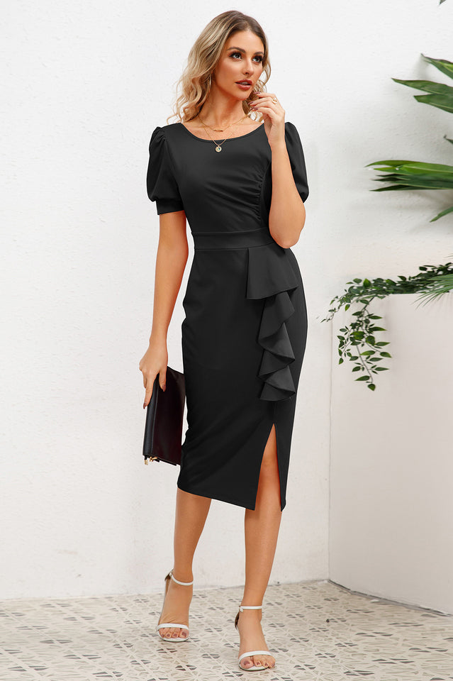 Puff Sleeve Ruffle Slit Bodycon Midi Dress
