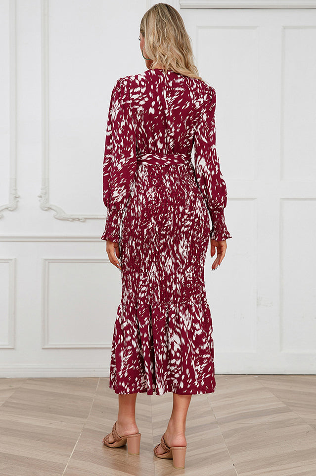Printed V Neck Smocked Midi Dress