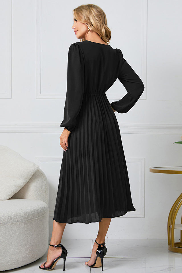 Pleated Belt V-Neck Dress