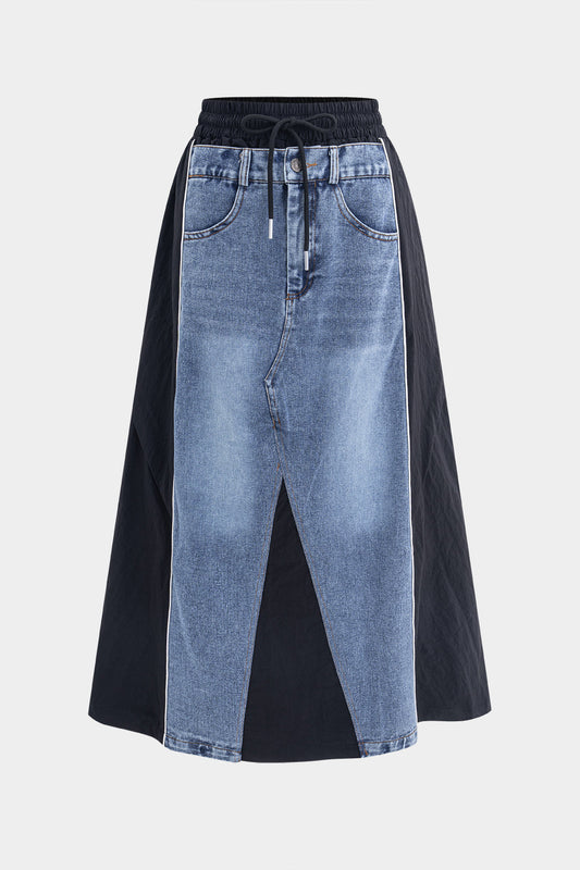 Denim  Patchwork Drawstring High Waist Skirt