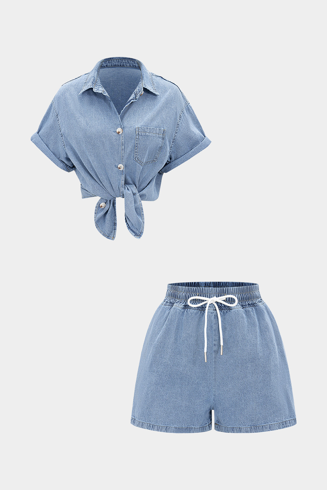 Denim Button Pocket Tank Top And Drawstring Shorts