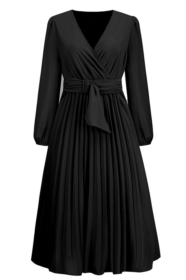 Pleated Belt V-Neck Dress