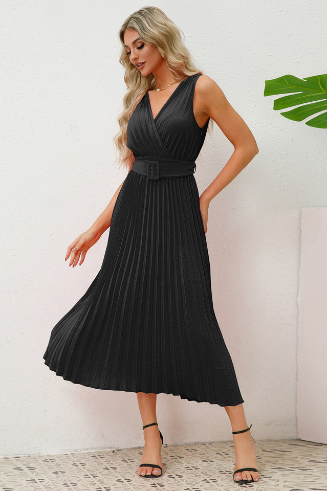 Pleated Sleeveless Dress with Belt