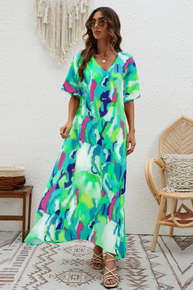 Print Short Sleeve Wide Hem Maxi Dress