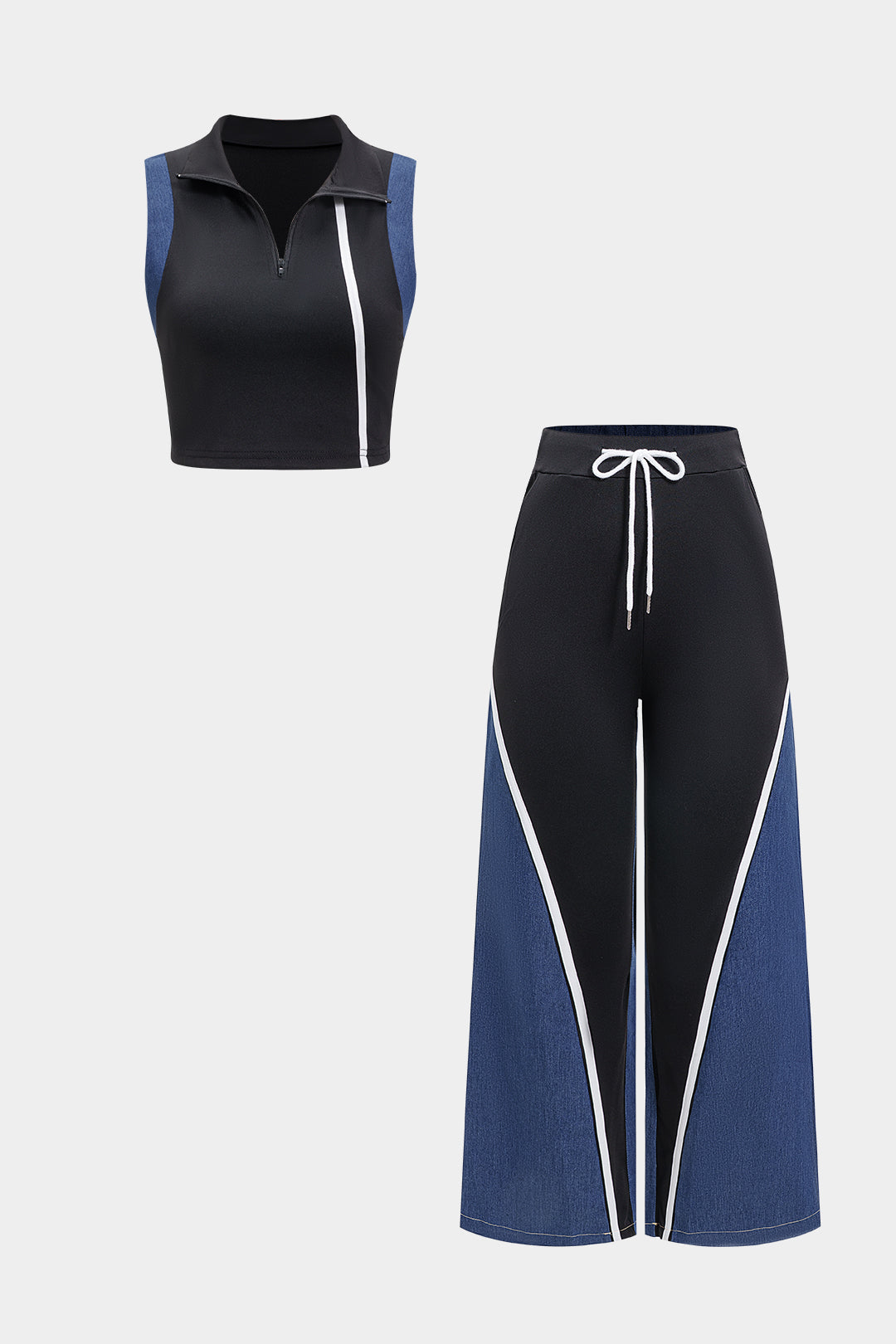 Contrast Denim Patchwork Tank Top And Drawstring Wide Leg Trousers Set