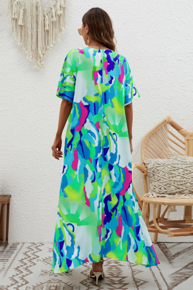 Print Short Sleeve Wide Hem Maxi Dress