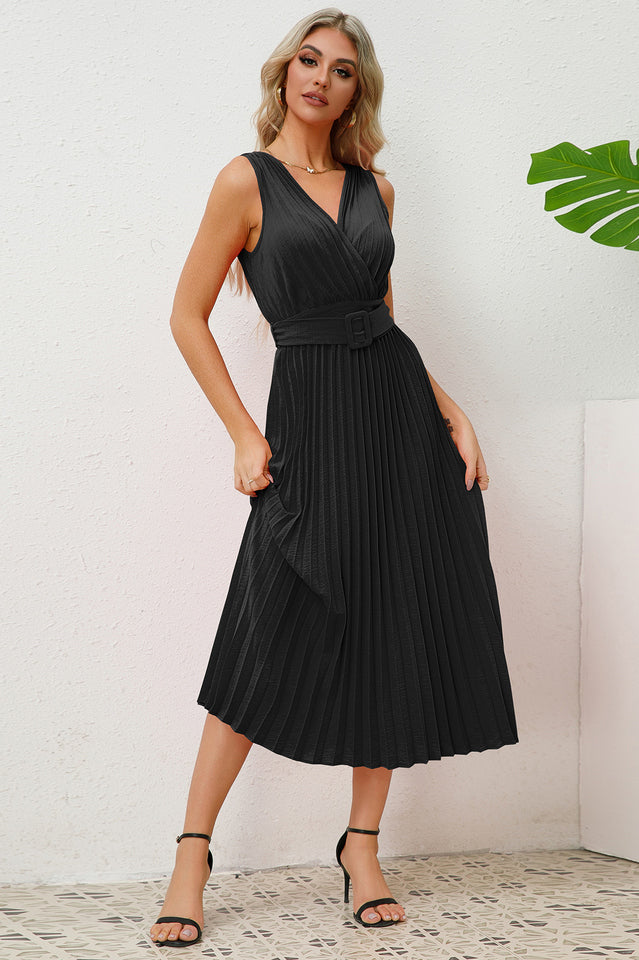 Pleated Sleeveless Dress with Belt