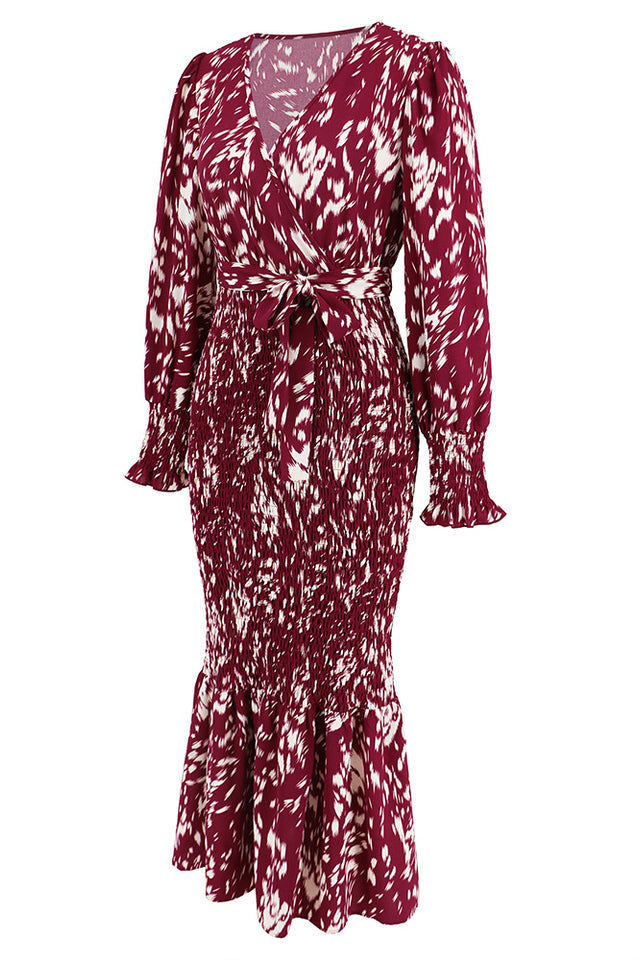 Printed V Neck Smocked Midi Dress