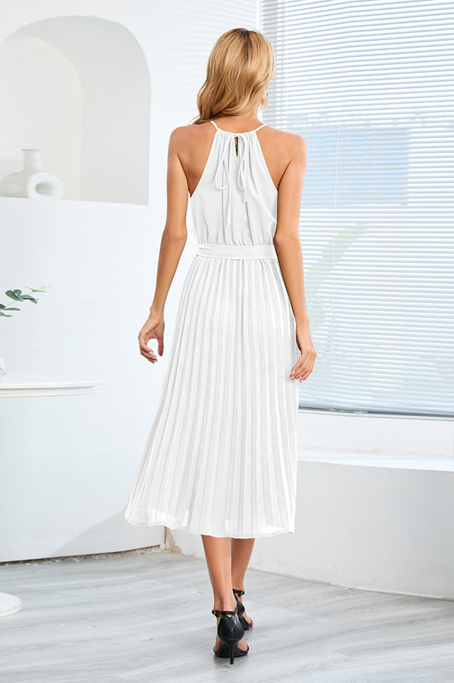 Pleated Spaghetti Strap Tie Waist Midi Dress