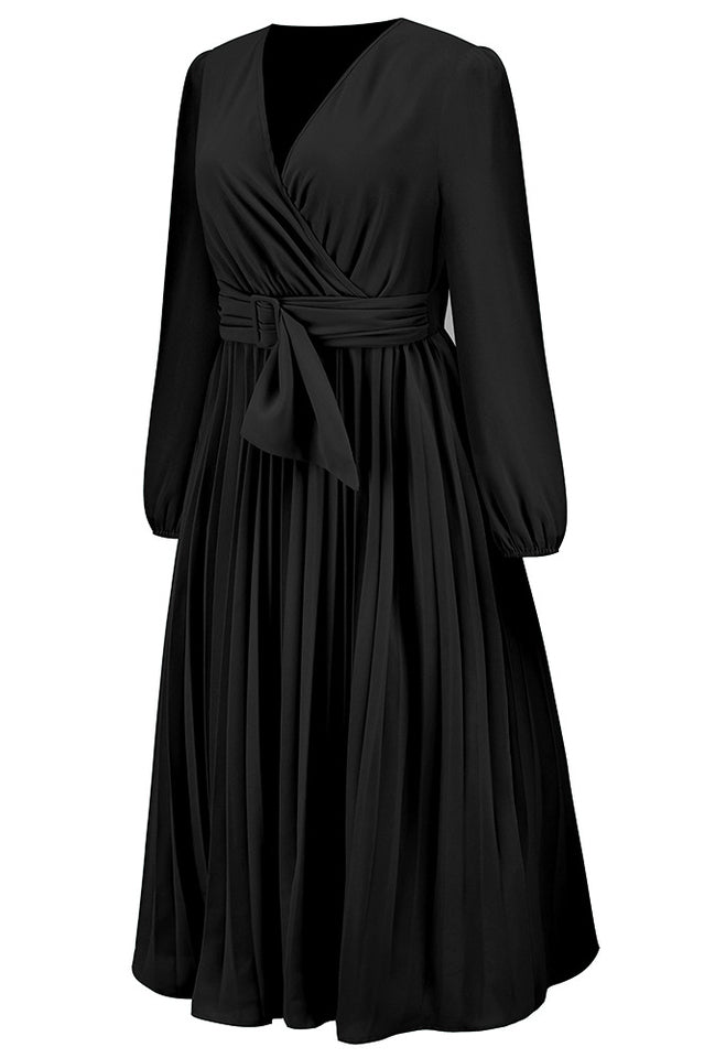 Pleated Belt V-Neck Dress