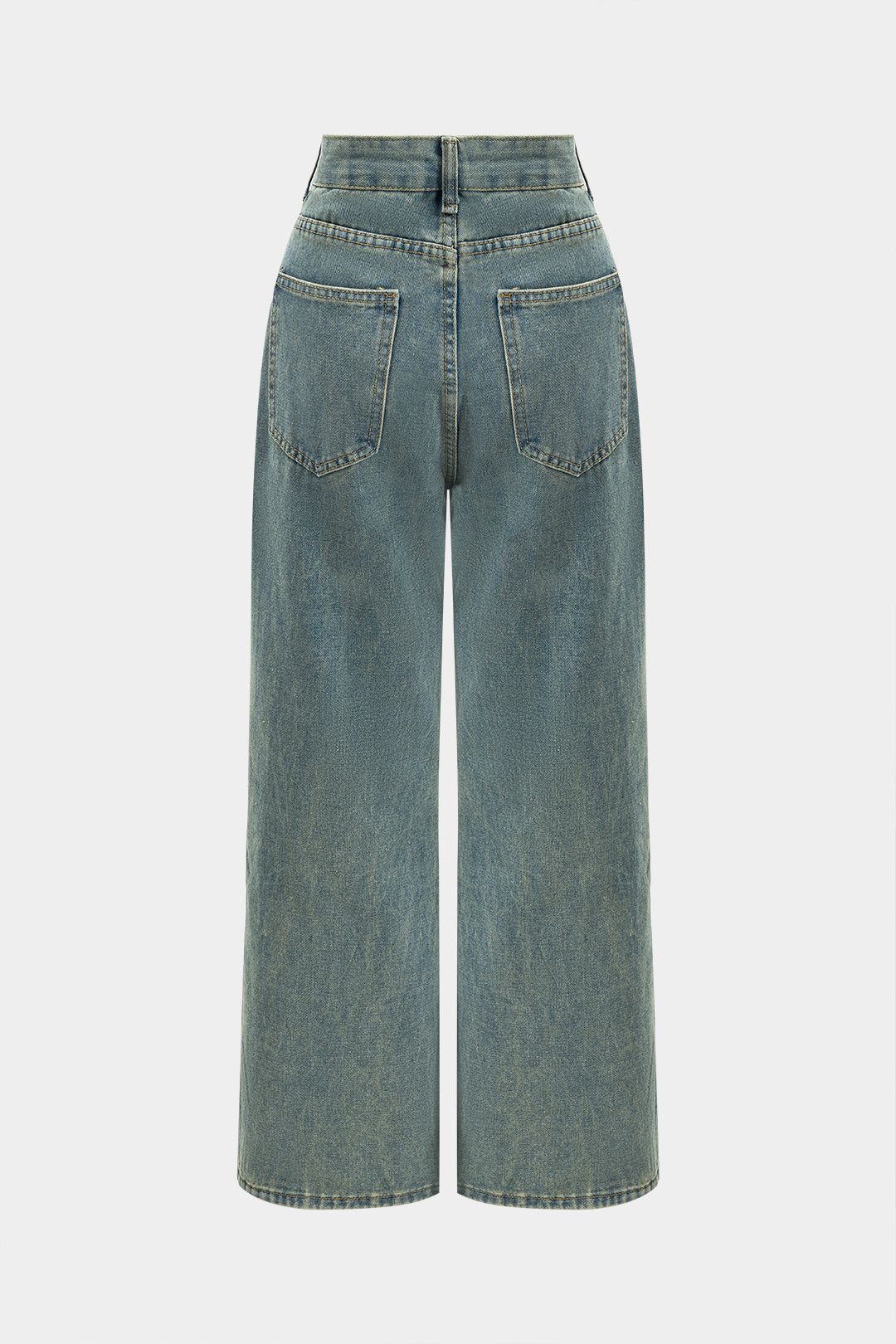 Denim Patchwork Mesh Button Pocket Cut Out Wide Leg Jeans