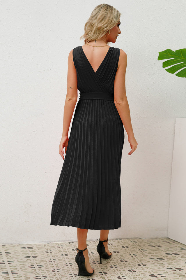 Pleated Sleeveless Dress with Belt