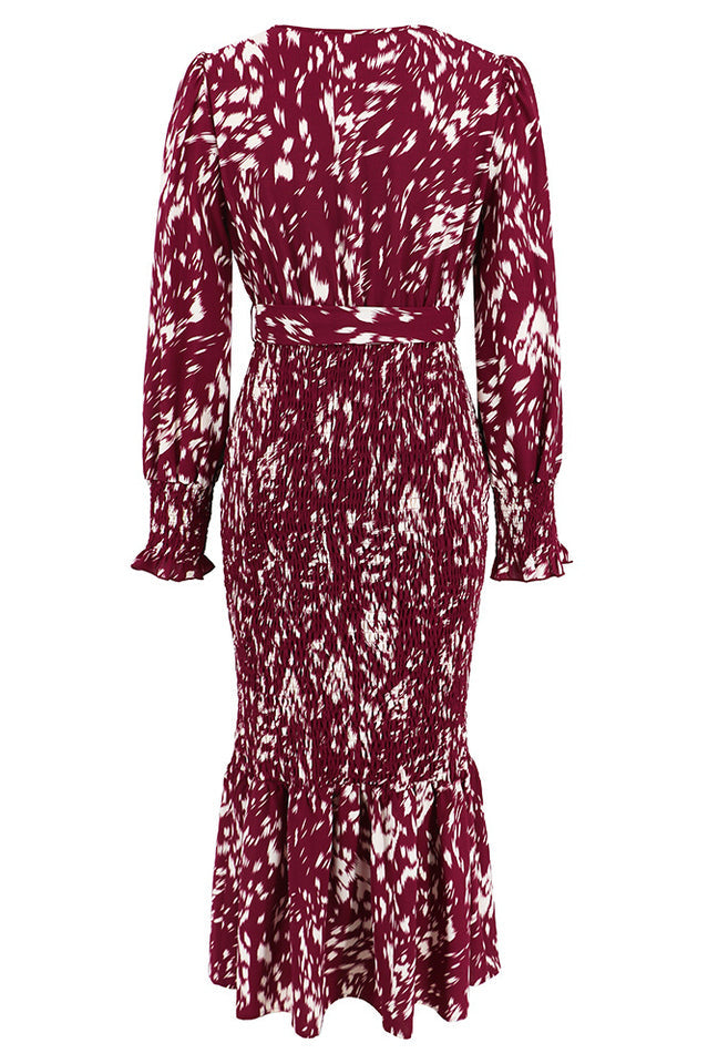 Printed V Neck Smocked Midi Dress