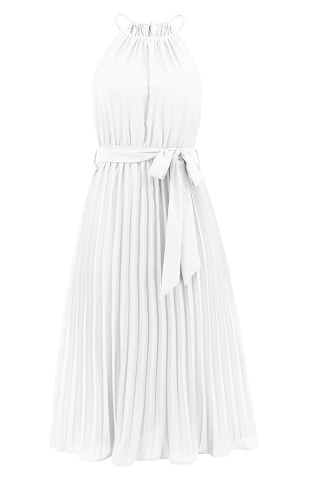 Pleated Spaghetti Strap Tie Waist Midi Dress