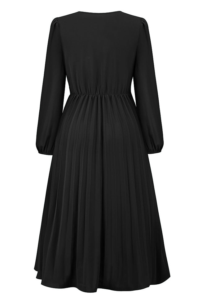 Pleated Belt V-Neck Dress