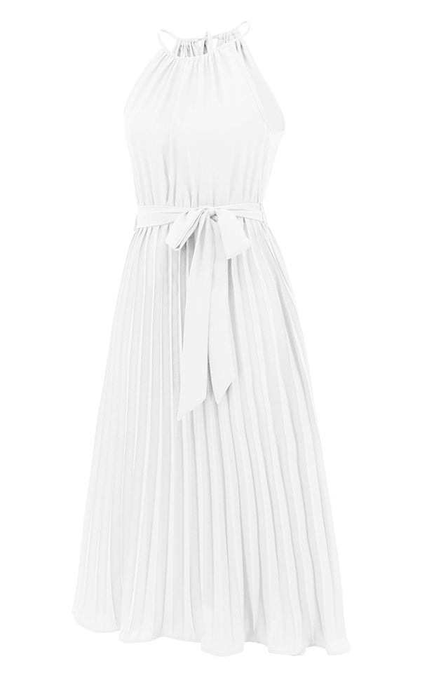Pleated Spaghetti Strap Tie Waist Midi Dress