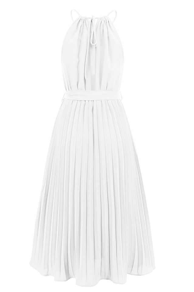 Pleated Spaghetti Strap Tie Waist Midi Dress