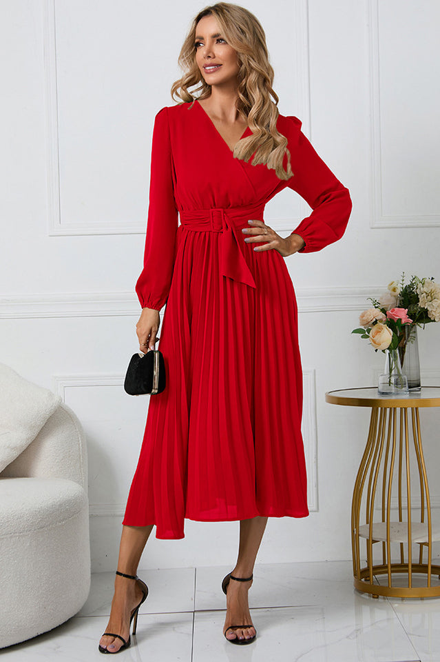 Pleated Belt V-Neck Dress