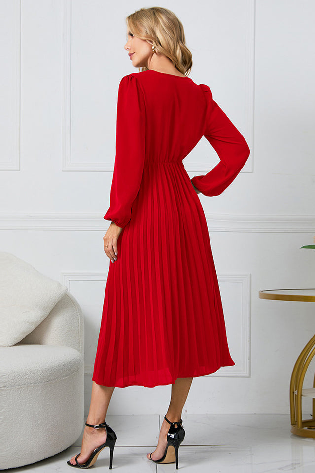 Pleated Belt V-Neck Dress