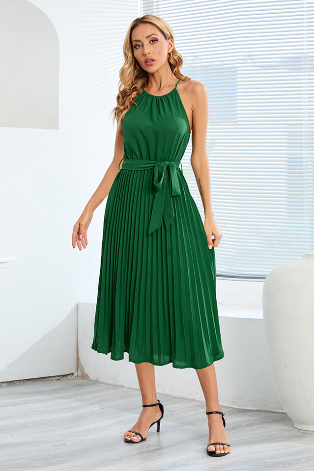Pleated Spaghetti Strap Tie Waist Midi Dress
