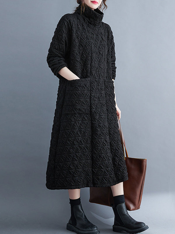 Casual Long Sleeves Loose Solid Color Textured High-Neck Cotton Padded Midi Dresses