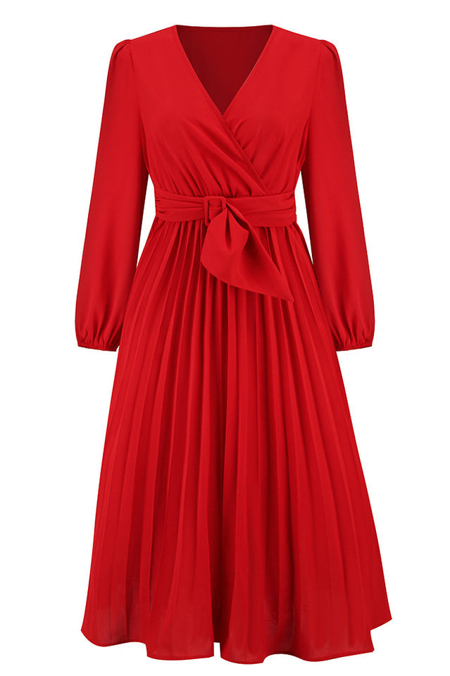 Pleated Belt V-Neck Dress