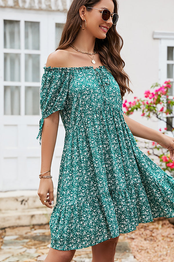 Floral Print Off Shoulder Lace Up Mini Dress