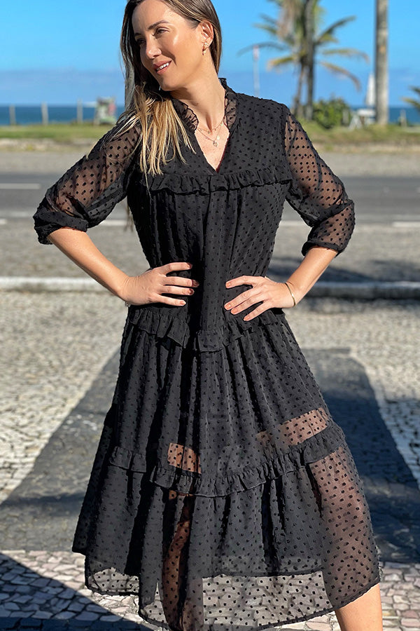 Solid Color V Neck Ruffled Casual Dress