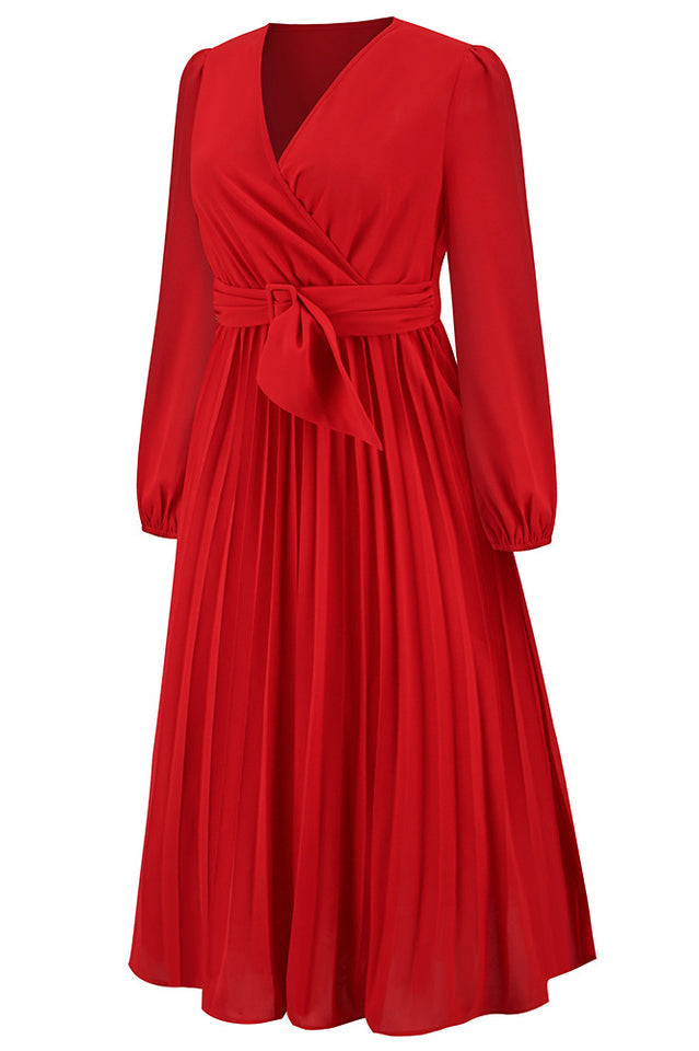 Pleated Belt V-Neck Dress