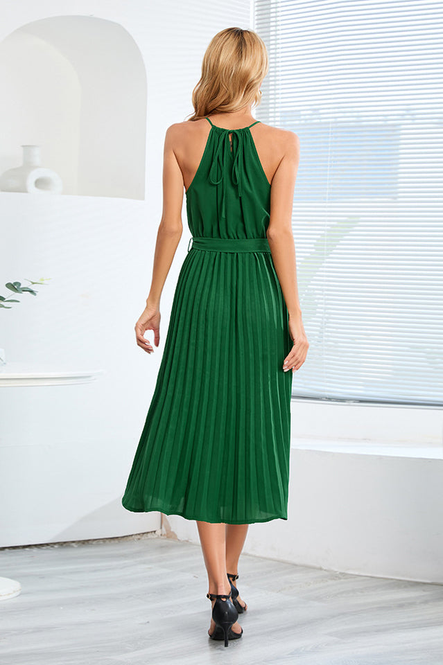 Pleated Spaghetti Strap Tie Waist Midi Dress