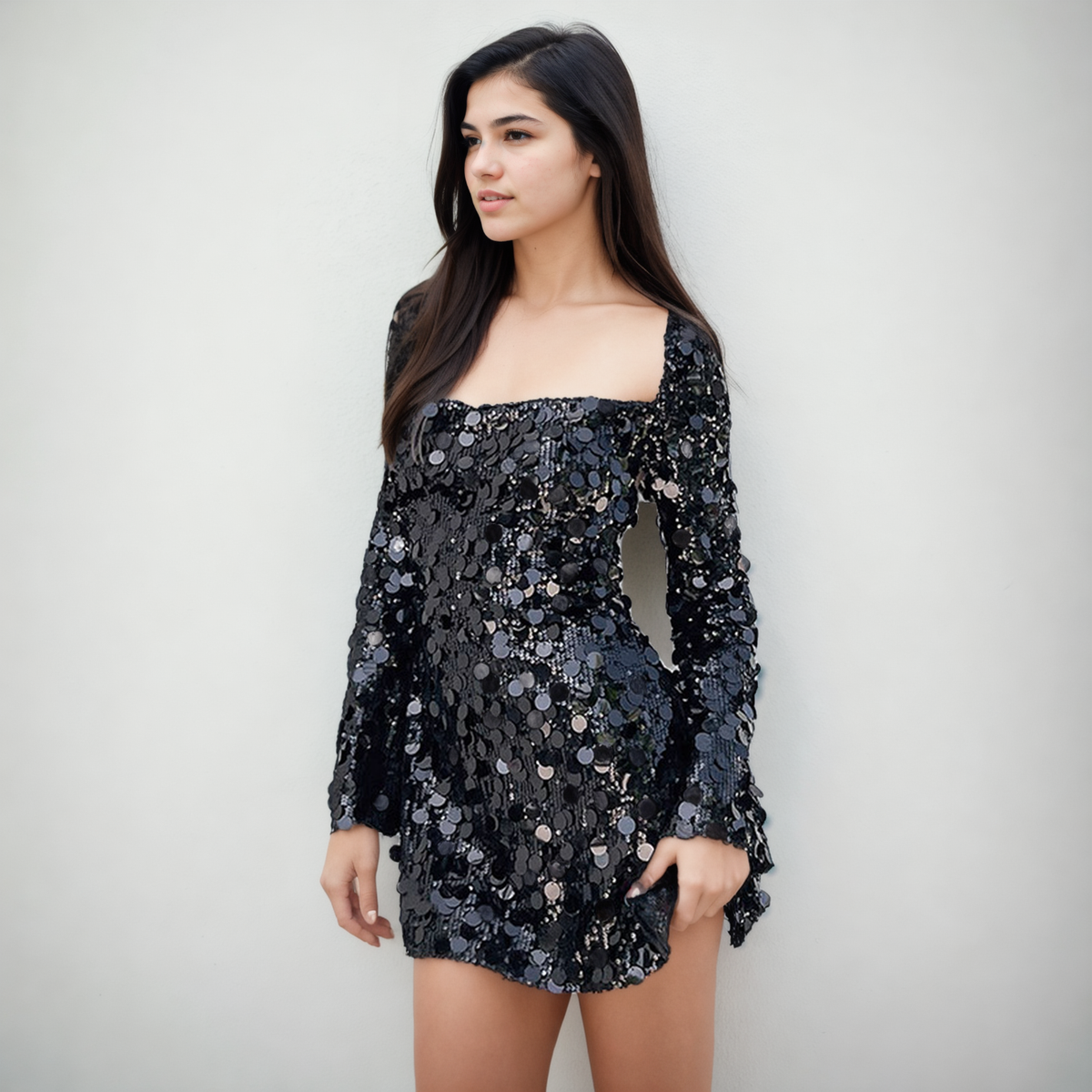 Sultry Glamour: Off-Shoulder Sequined Long Sleeve Backless Dress