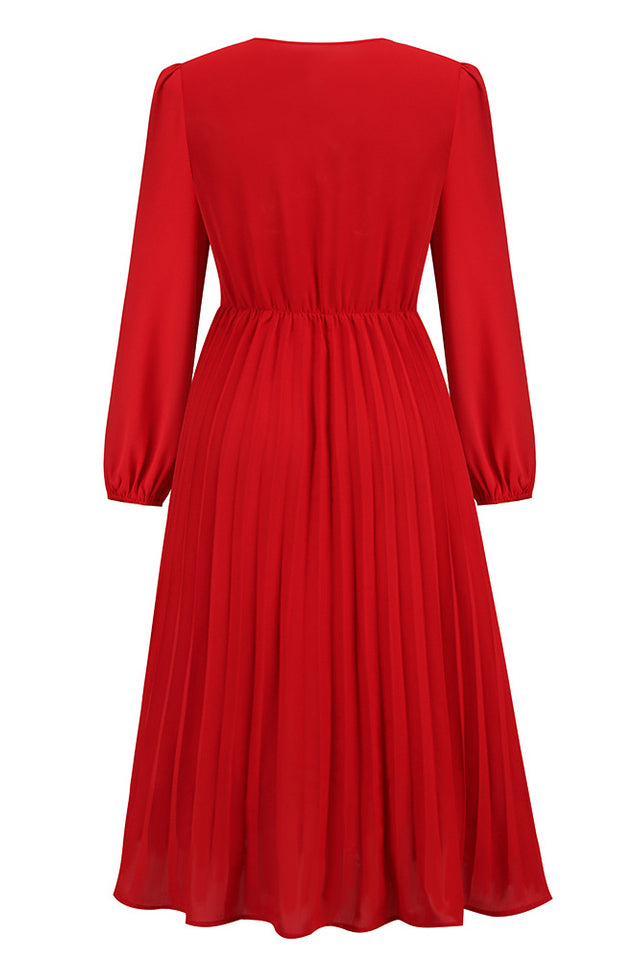 Pleated Belt V-Neck Dress