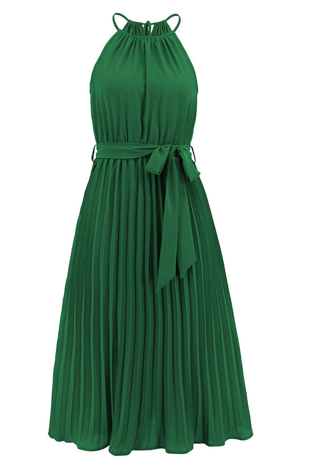 Pleated Spaghetti Strap Tie Waist Midi Dress