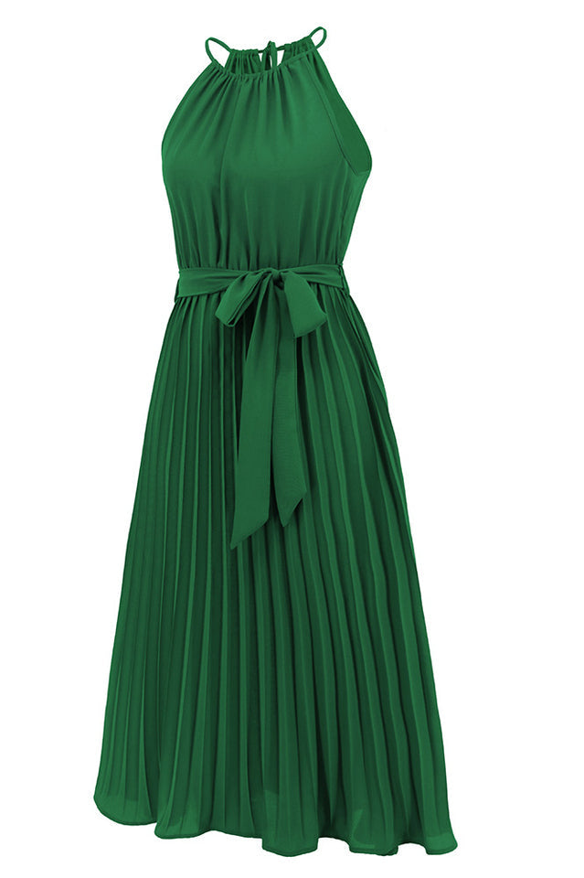 Pleated Spaghetti Strap Tie Waist Midi Dress