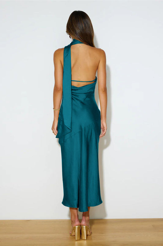 Slinky Open Back Halter Satin Dress