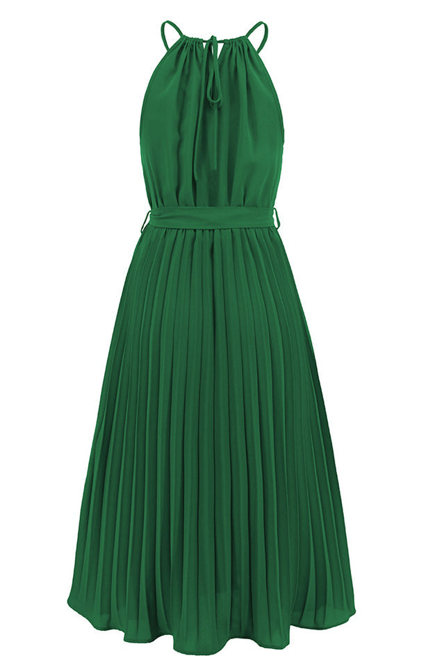 Pleated Spaghetti Strap Tie Waist Midi Dress