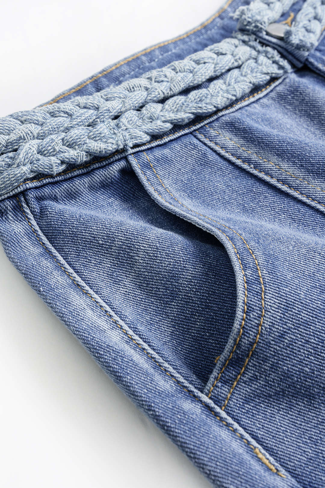 Denim Pocket Braided Wide Leg Jeans