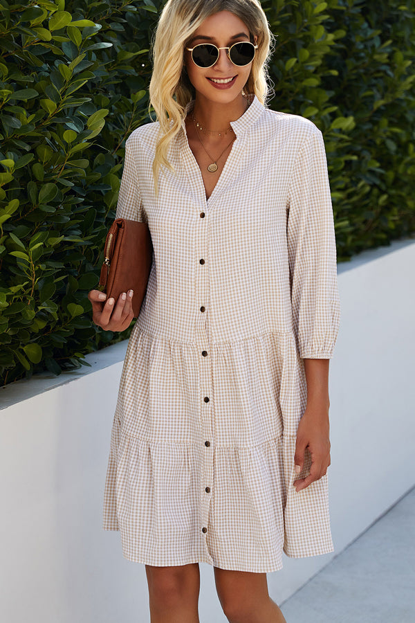 Split Neck Plaid Print Button Up Tunic Dress