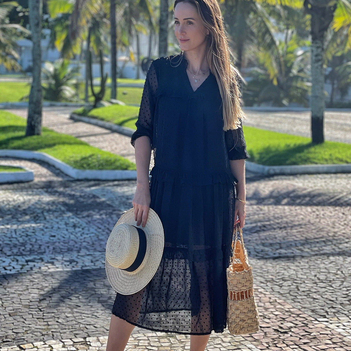 Solid Color V Neck Ruffled Casual Dress