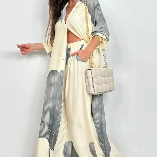 Printed mid-length top and wide-leg pants two-piece set