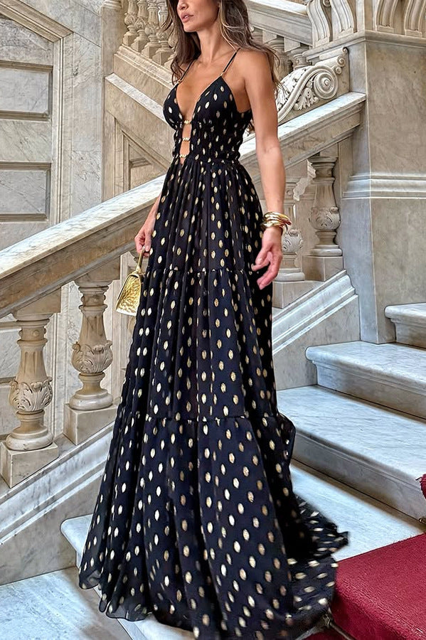 Charming View Chiffon Gold Polka Dot Print Cutout Lightweight Maxi Dress