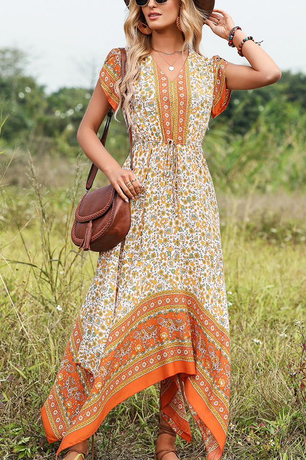 V Neck Floral Print Ruffle Hem Casual Dress