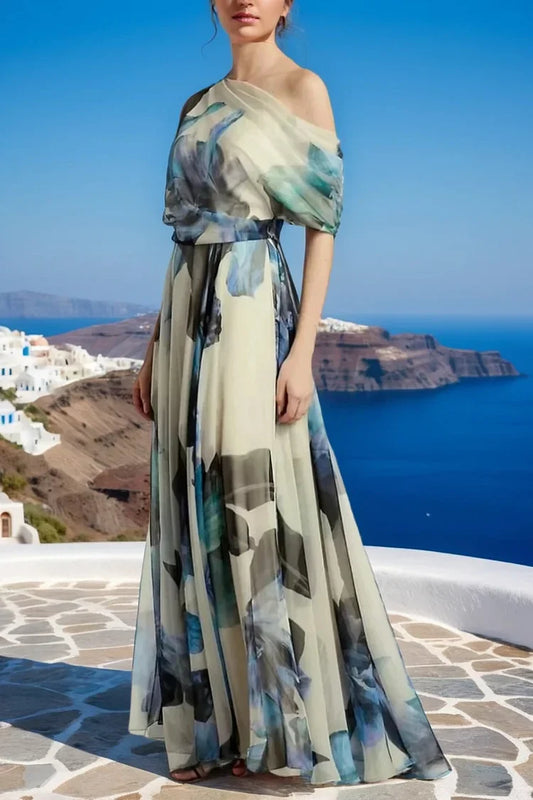 Sky Blue Asymmetrical Print Chiffon Long Dresses