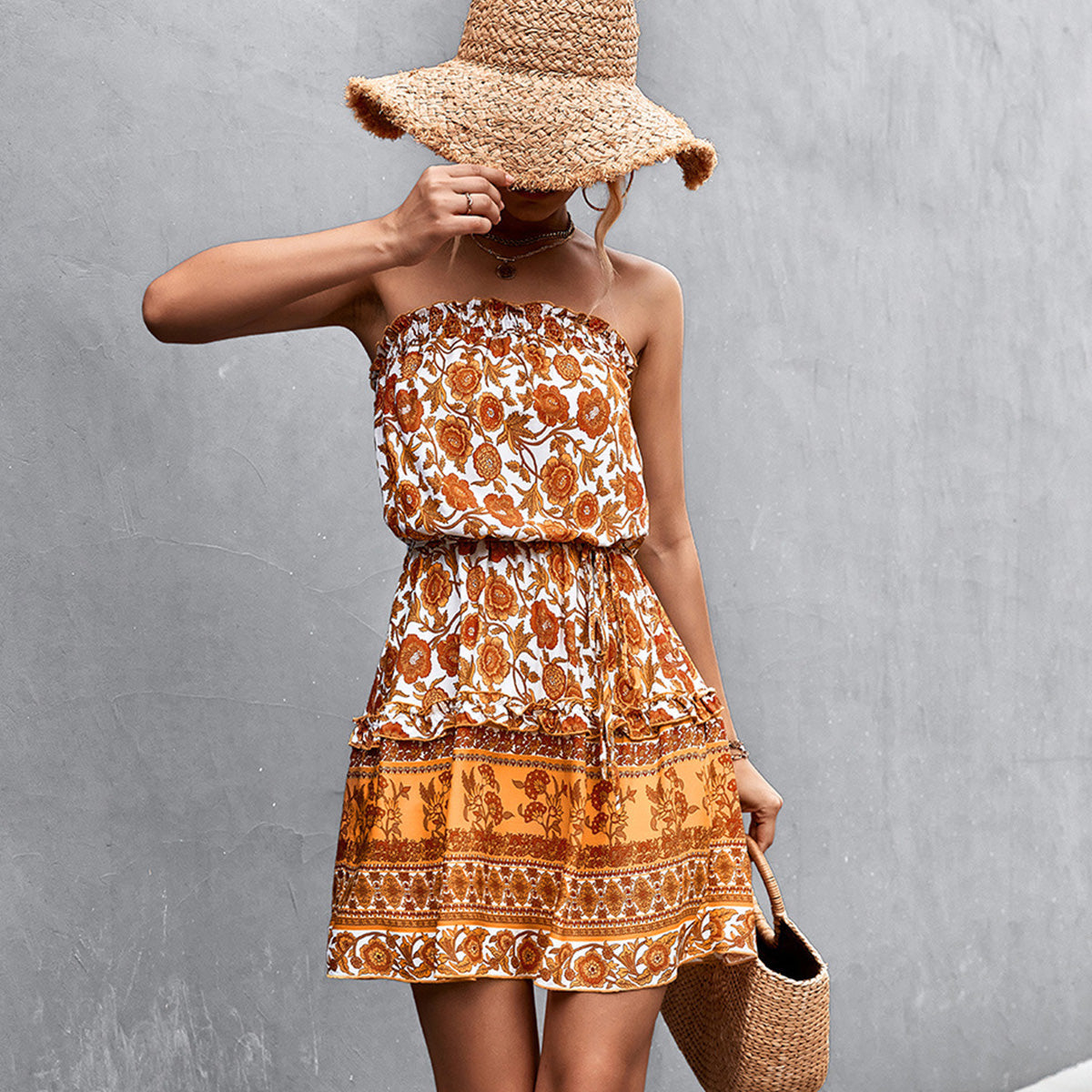 Bohemian Floral Print Smocked Mini Dress