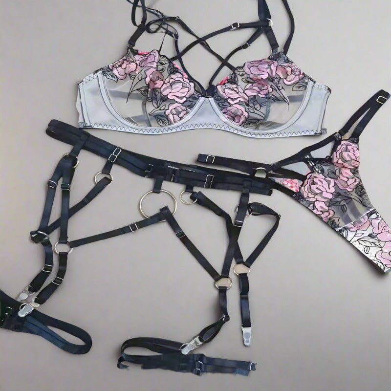 Seductive Pink Lace Lingerie Set with Strappy Details - StylinArts