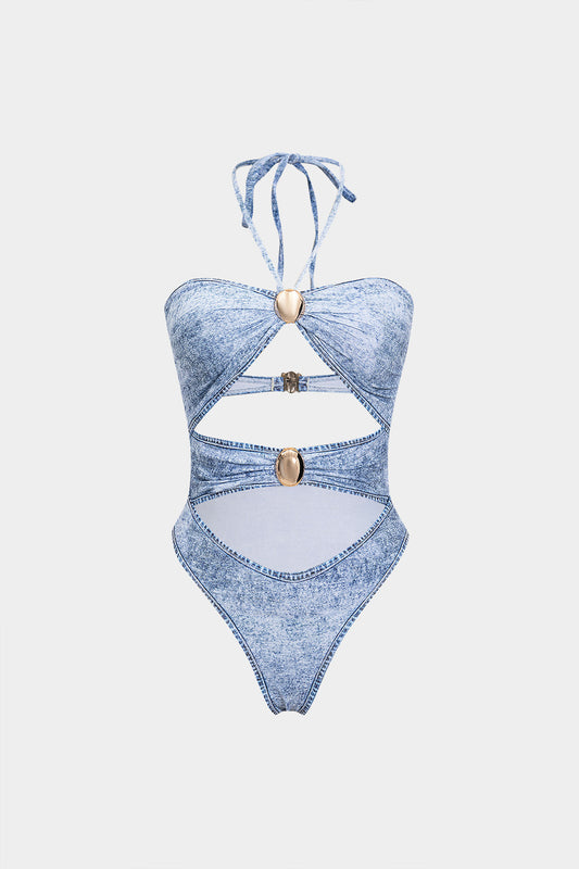 Denim Print Metallic One-Piece Swimsuit