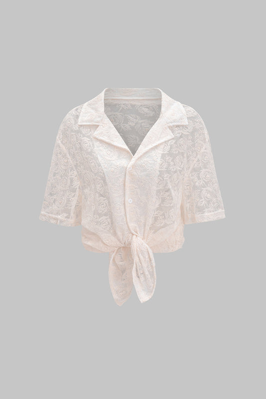Cut Out Sheer Lace Short-Sleeve Shirt
